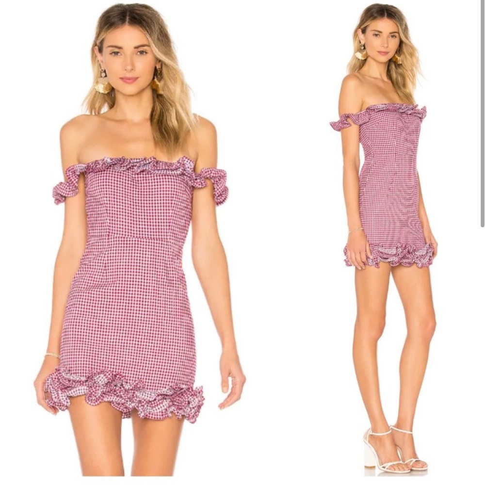 Revolve Lovers + Friends Dustin Magenta Gingham Ruffle Off Shoulder Dress